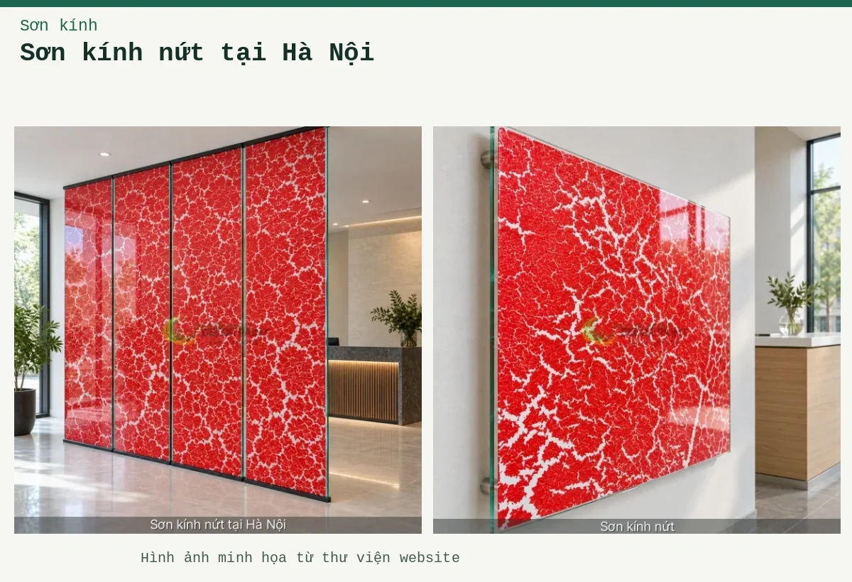Sơn kính nứt tại Hà Nội – Ảnh minh họa: Vách trang trí bốn ô kính đứng phủ sơn nứt đỏ, tạo đường rạn trắng trong khu lễ tân; Tấm kính trang trí phủ sơn nứt đỏ trắng gắn trên tường cạnh quầy lễ tân.