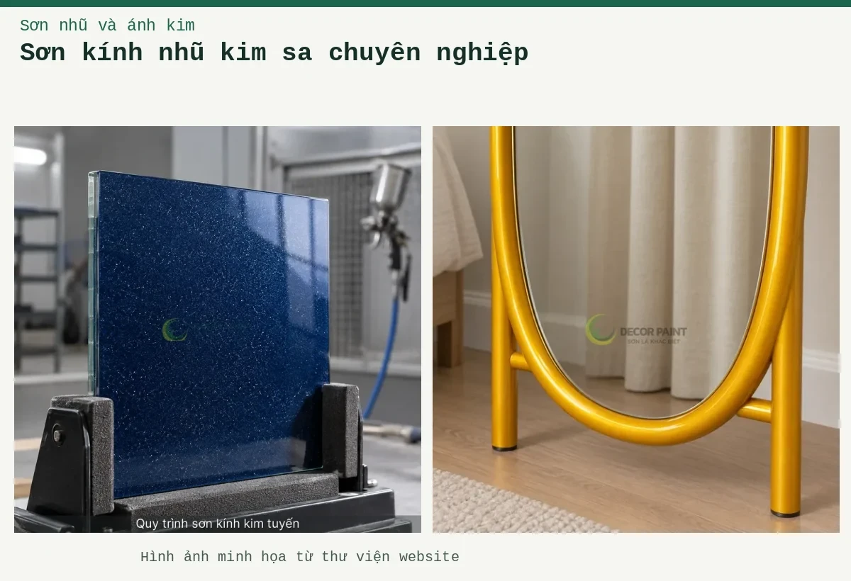 Sơn kính nhũ kim sa chuyên nghiệp – Ảnh minh họa: Tấm kính xanh dương có hiệu ứng nhũ kim sa mịn; Khung gương đứng vàng nghệ.