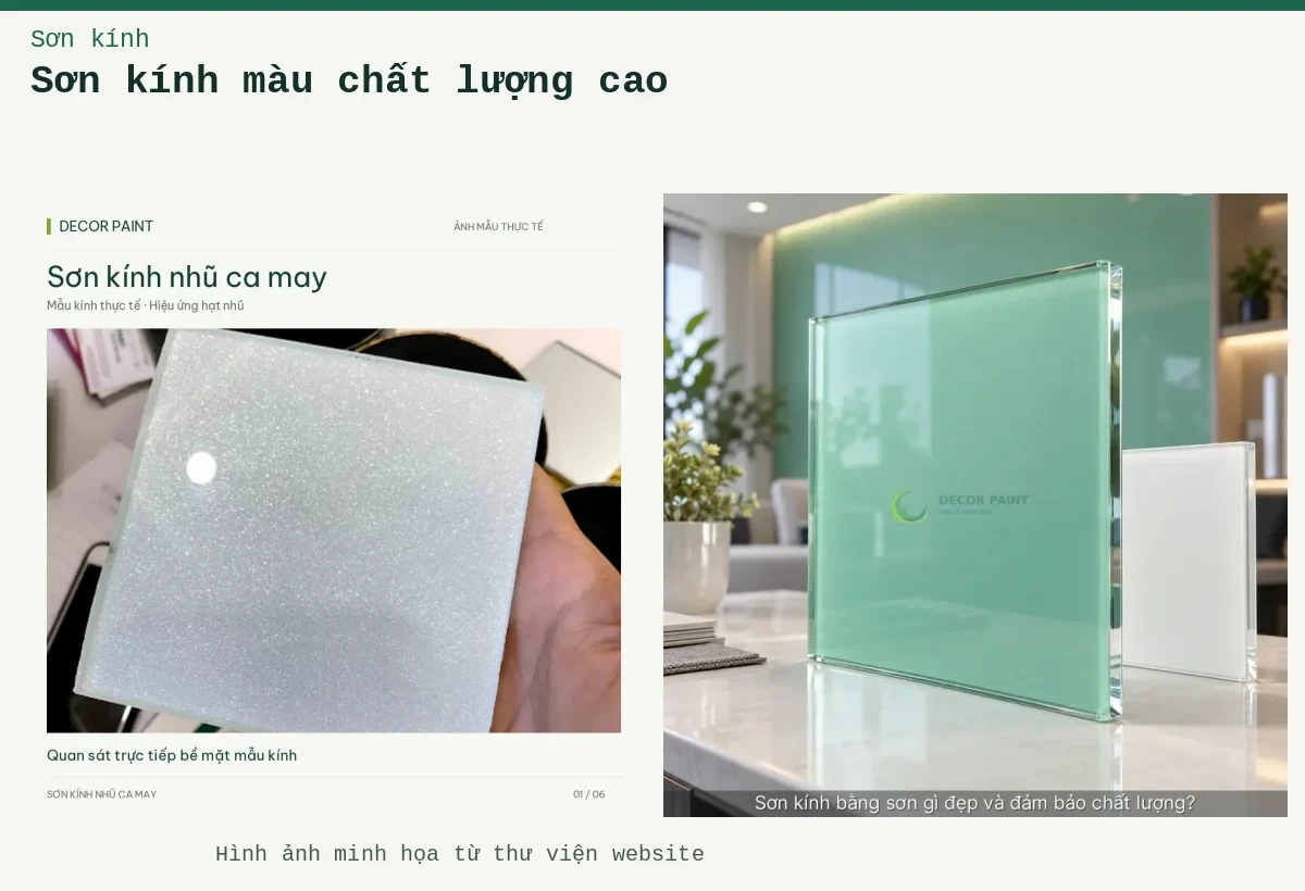 Sơn kính màu chất lượng cao – Ảnh minh họa: Minh họa sơn kính bằng sơn gì đẹp và đảm bảo chất lượng? với bề mặt kính và màu xanh ngọc; Sơn kính nhũ ca may – Mẫu kính thực tế.