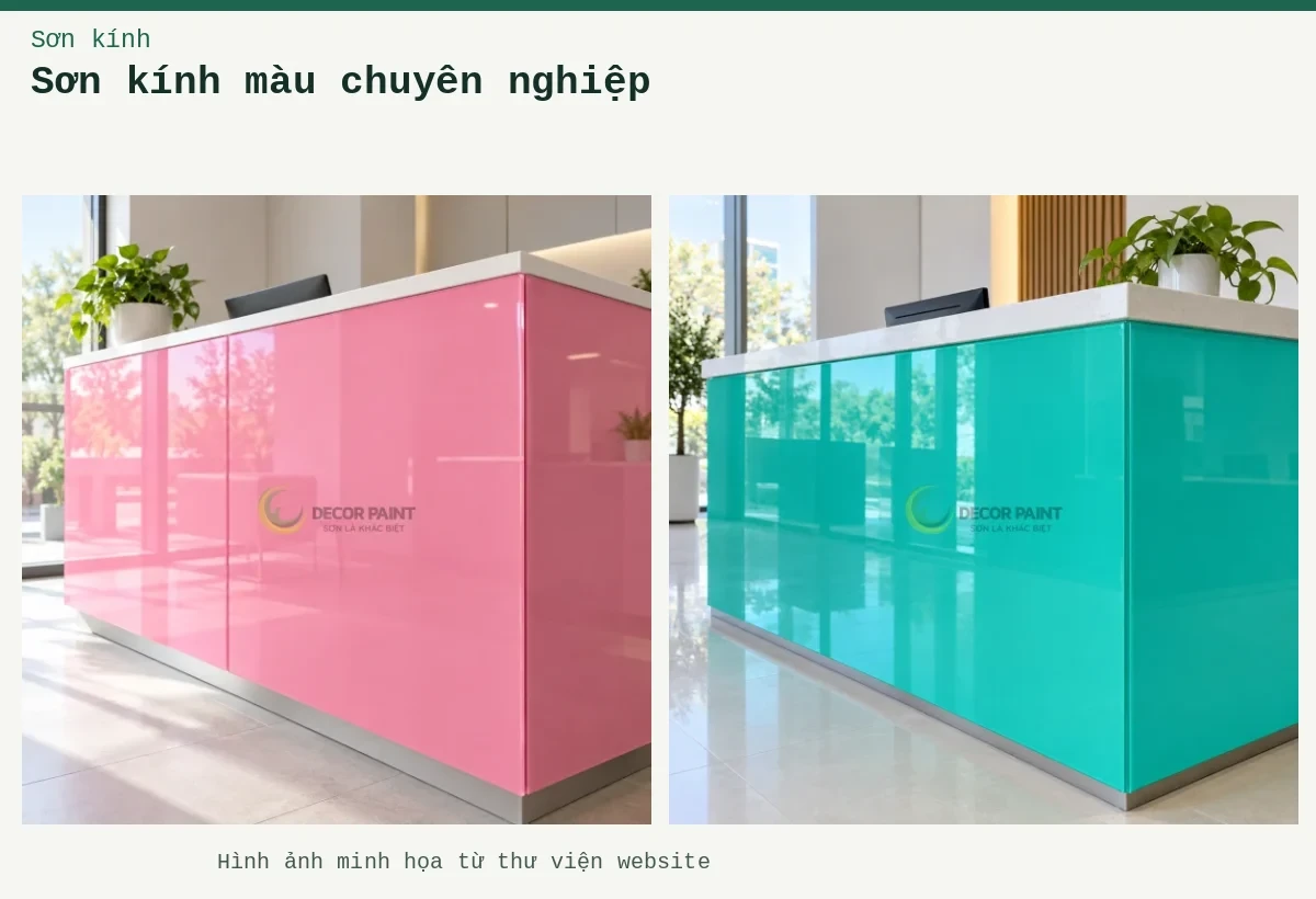 Sơn kính màu chuyên nghiệp – Ảnh minh họa: Kính ốp quầy lễ tân; Kính ốp quầy lễ tân xanh ngọc.