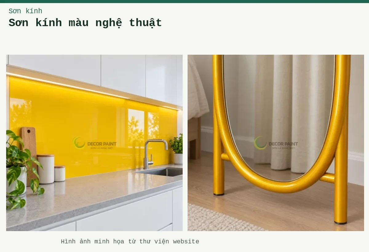 Sơn kính màu nghệ thuật – Ảnh minh họa: Kính bếp vàng nghệ; Khung gương đứng vàng nghệ.