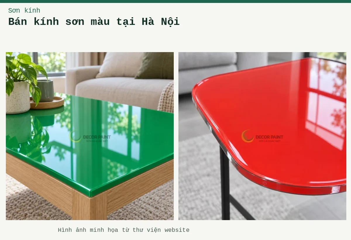 Bán kính sơn màu tại Hà Nội – Ảnh minh họa: Mặt bàn kính màu đỏ tươi; Mặt bàn kính xanh lá.