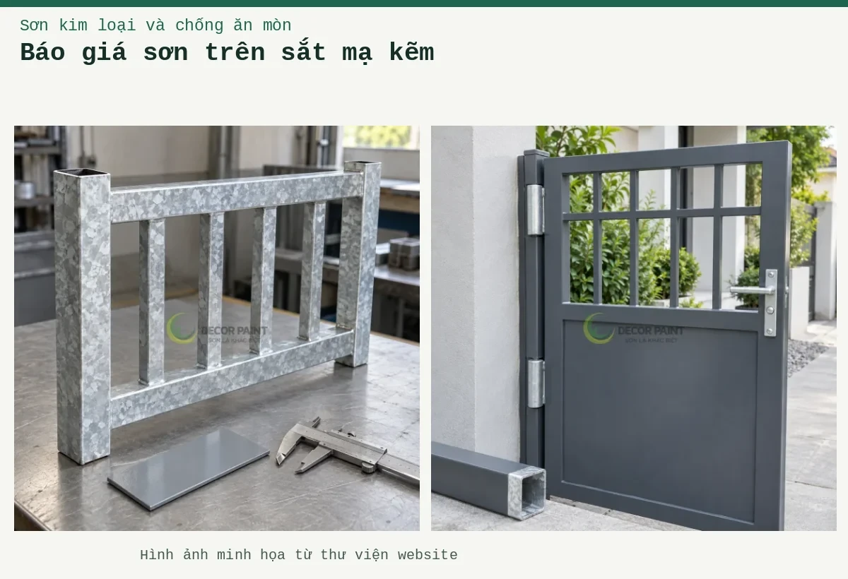 Báo giá sơn trên sắt mạ kẽm – Ảnh minh họa: Cửa sắt mạ kẽm phủ màu ghi cùng mẫu vật liệu đối chiếu; Mẫu hàng rào thép mạ kẽm, tấm màu xám và thước cặp trên bàn.