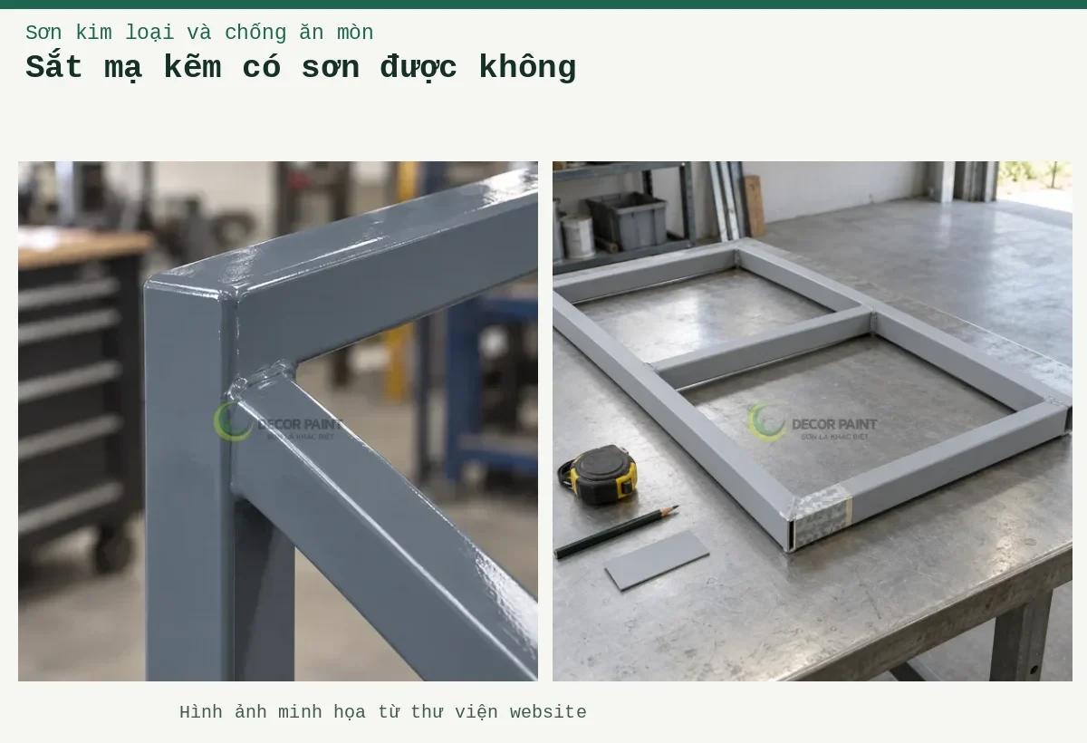 Sắt mạ kẽm có sơn được không – Ảnh minh họa: Mối nối khung cửa sắt mạ kẽm hoàn thiện lớp sơn ghi nhạt; Minh họa khung thép mạ kẽm phủ sơn chống rỉ và phần mẫu bề mặt kẽm.