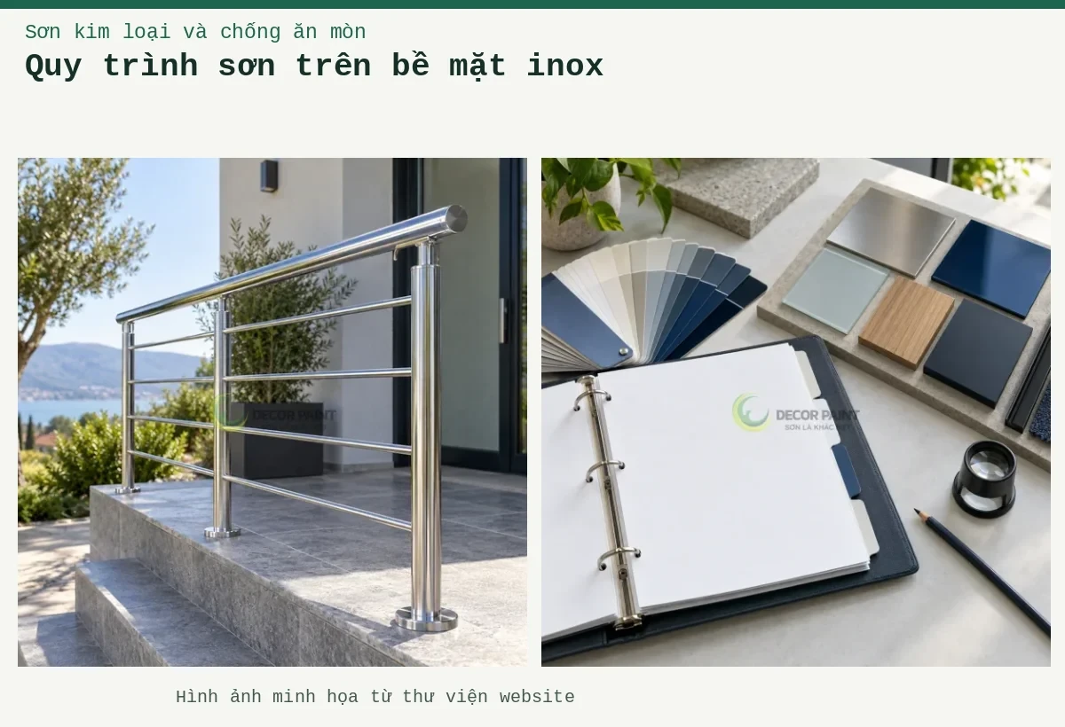 Quy trình sơn trên bề mặt inox – Ảnh minh họa: Lan can inox hoàn thiện trong suốt, giữ sắc kim loại và độ phản sáng của bề mặt; Minh họa sắp xếp tài liệu tham khảo cùng bảng màu và mẫu bề mặt vật liệu.