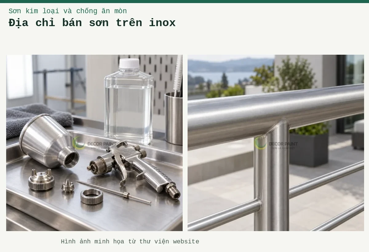 Địa chỉ bán sơn trên inox – Ảnh minh họa: Lan can inox vân xước phủ trong; Vệ sinh chi tiết súng phun.