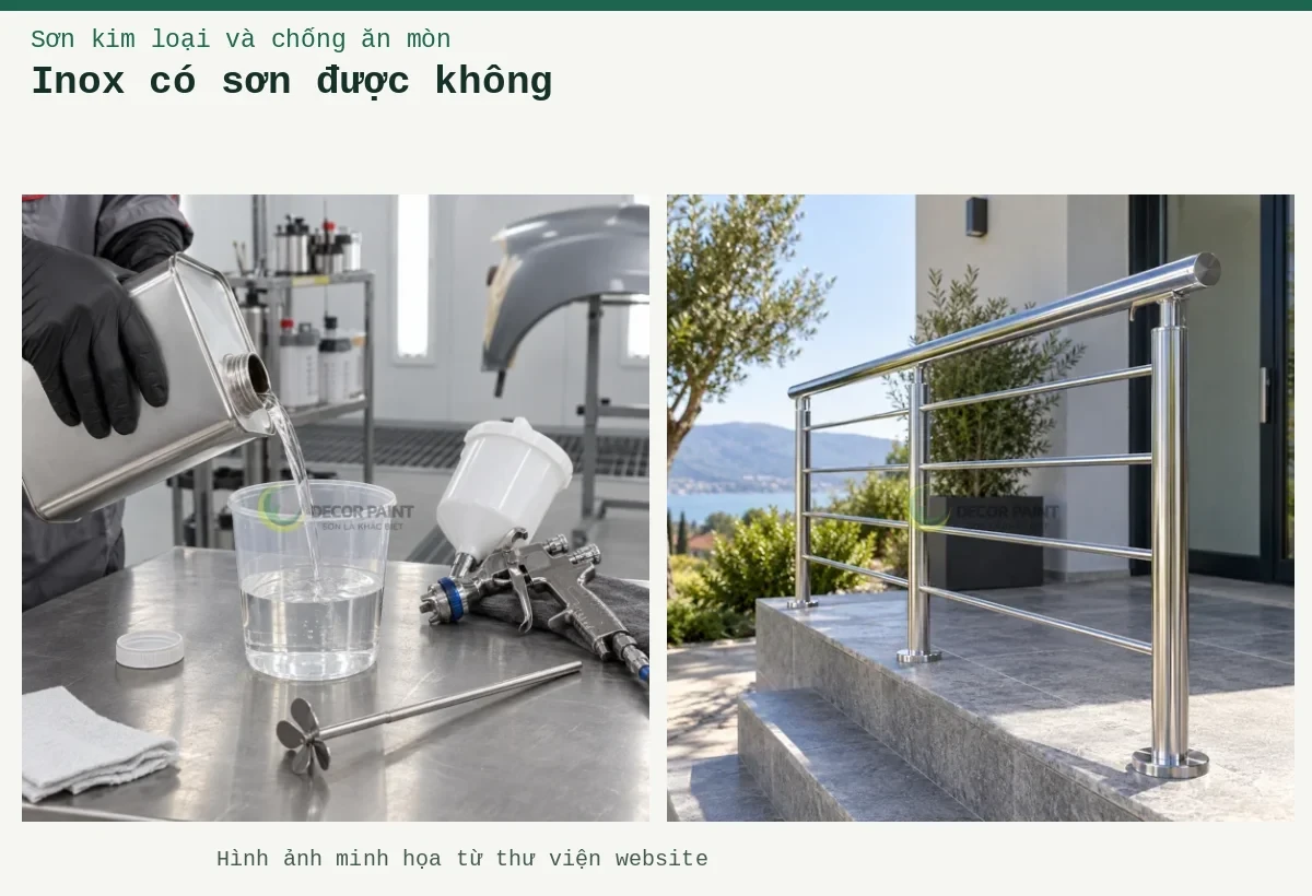 Inox có sơn được không – Ảnh minh họa: Lan can inox hoàn thiện trong suốt, giữ sắc kim loại và độ phản sáng của bề mặt; Chuẩn bị dung môi 2K.