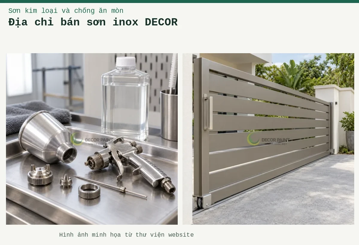 Địa chỉ bán sơn inox DECOR – Ảnh minh họa: Cổng inox trượt với lớp sơn màu xám ấm; Vệ sinh chi tiết súng phun.