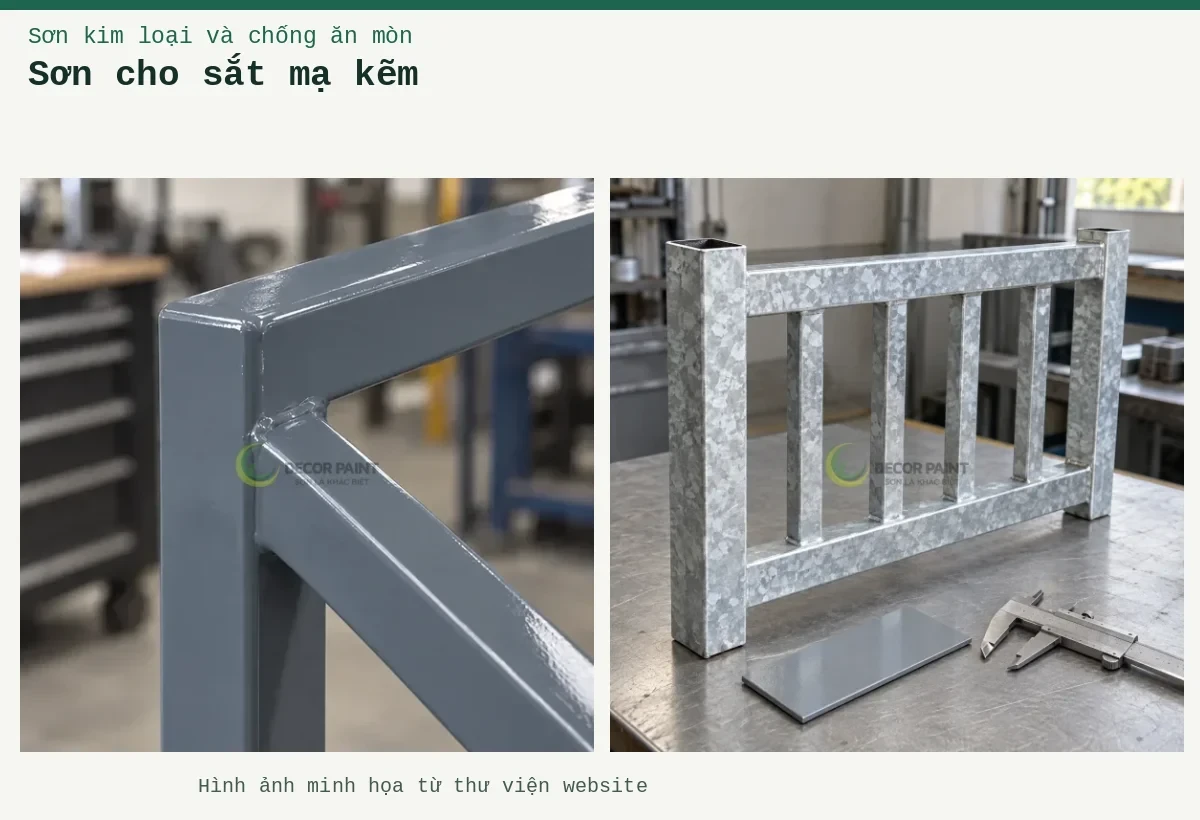 Sơn cho sắt mạ kẽm – Ảnh minh họa: Mối nối khung cửa sắt mạ kẽm hoàn thiện lớp sơn ghi nhạt; Mẫu hàng rào thép mạ kẽm, tấm màu xám và thước cặp trên bàn.