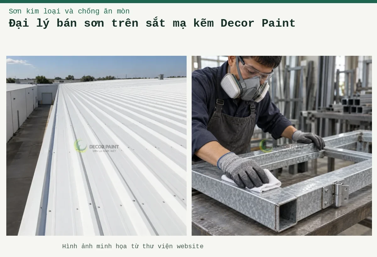 Đại lý bán sơn trên sắt mạ kẽm Decor Paint – Ảnh minh họa: Lau sạch bề mặt khung thép mạ kẽm trước khi sơn, chú ý các cạnh thép và vị trí liên kết; Các dải mái tôn công nghiệp màu trắng nhìn dọc theo công trình.