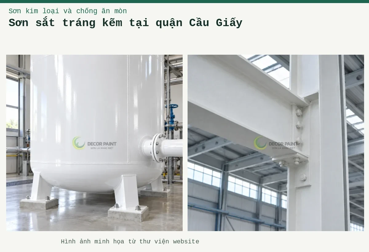Sơn sắt tráng kẽm tại quận Cầu Giấy – Ảnh minh họa: Bồn thép Epoxy trắng bóng; Kết cấu thép phủ trắng trong nhà xưởng.