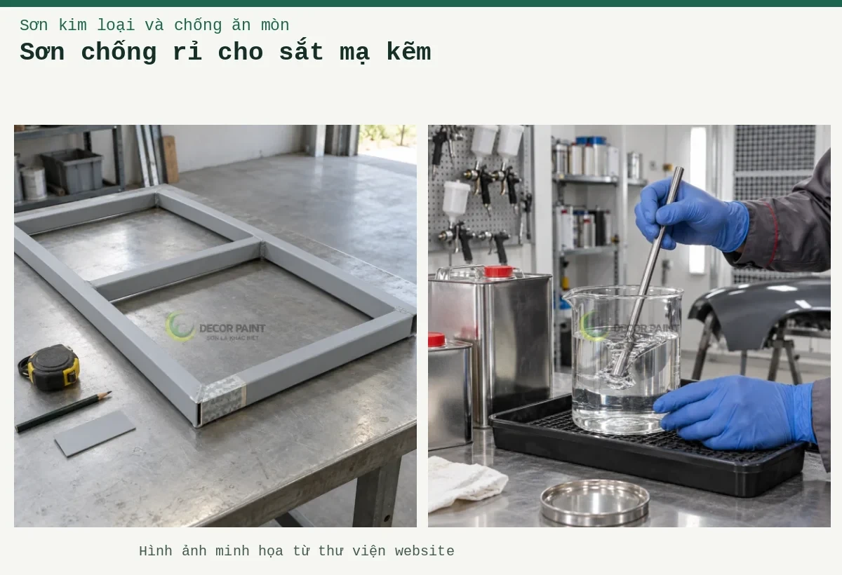 Sơn chống rỉ cho sắt mạ kẽm – Ảnh minh họa: Minh họa khung thép mạ kẽm phủ sơn chống rỉ và phần mẫu bề mặt kẽm; Khuấy dung môi.