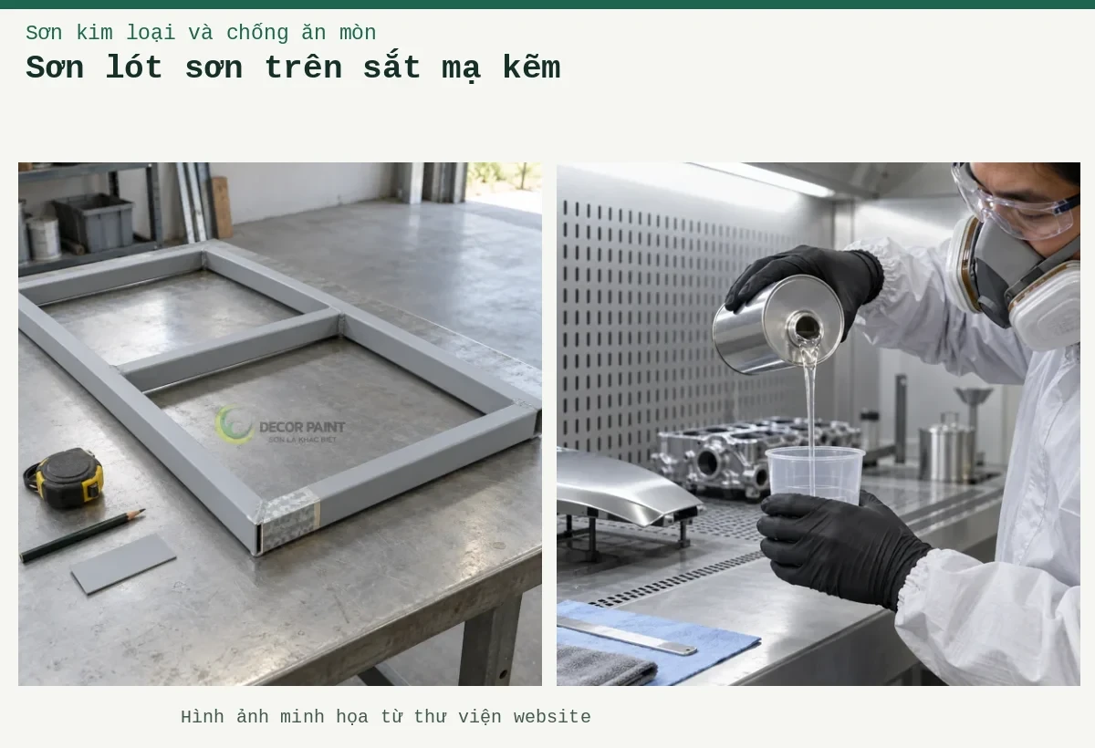 Sơn lót sơn trên sắt mạ kẽm – Ảnh minh họa: Minh họa khung thép mạ kẽm phủ sơn chống rỉ và phần mẫu bề mặt kẽm; Pha sơn hai thành phần với chất đóng rắn – chuẩn bị thành phần đóng rắn tại bàn pha sơn.