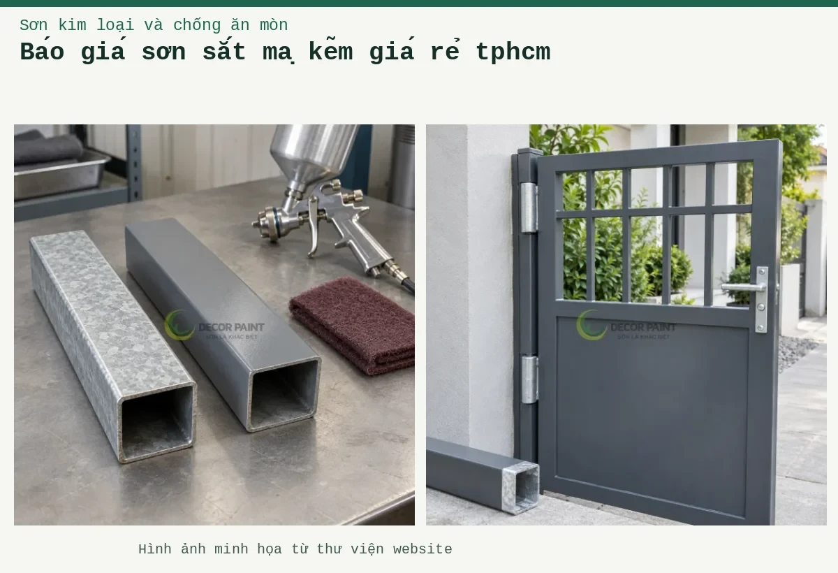 Báo giá sơn sắt mạ kẽm giá rẻ tphcm – Ảnh minh họa: Cửa sắt mạ kẽm phủ màu ghi cùng mẫu vật liệu đối chiếu; Mẫu ống thép hộp mạ kẽm và mẫu đã phủ màu xám trên bàn chuẩn bị bề mặt.