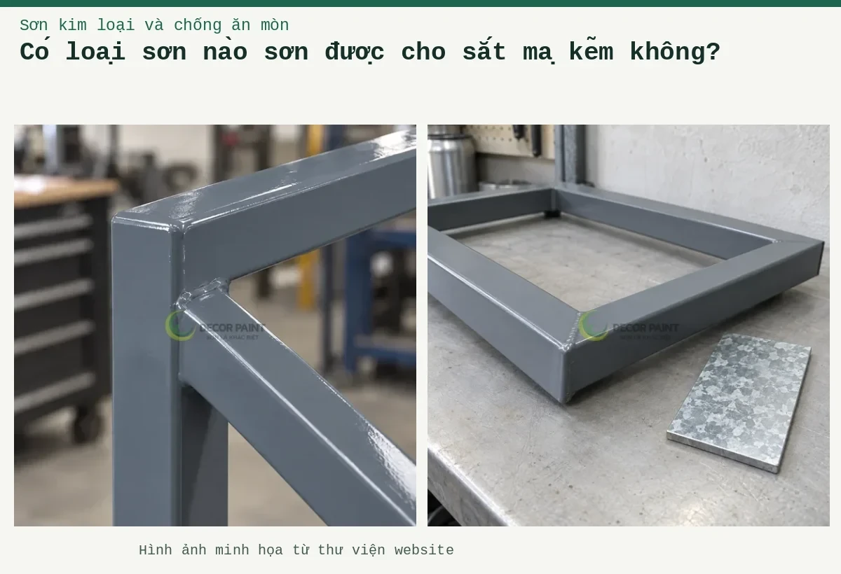 Có loại sơn nào sơn được cho sắt mạ kẽm không? – Ảnh minh họa: Mối nối khung cửa sắt mạ kẽm hoàn thiện lớp sơn ghi nhạt; Khung thép hộp phủ màu xám bên tấm mẫu bề mặt mạ kẽm.