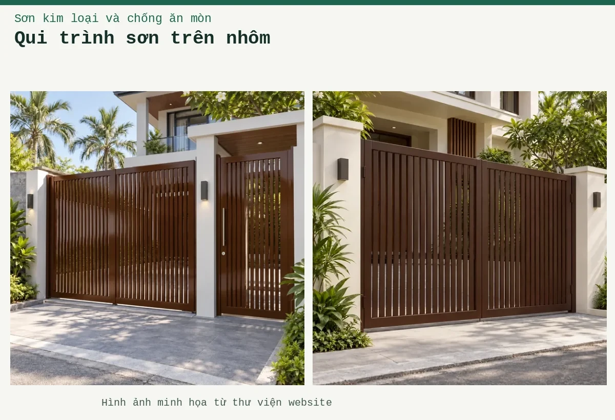 Qui trình sơn trên nhôm – Ảnh minh họa: Sơn nhôm xingfa nâu bóng – cửa cổng kim loại; Sơn nhôm xingfa nâu mờ – ứng dụng trên cửa cổng hoặc lan can.