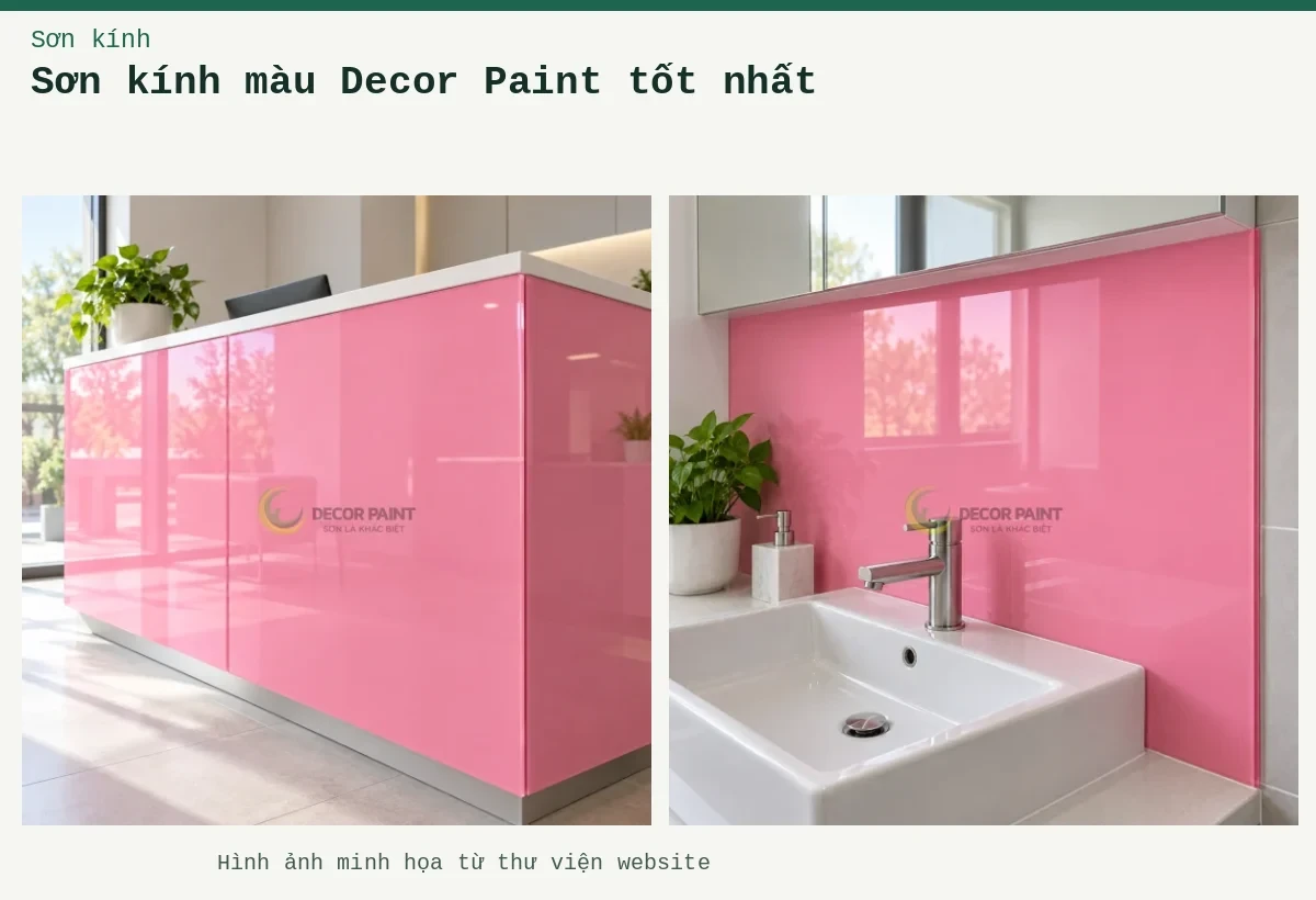 Sơn kính màu Decor Paint tốt nhất – Ảnh minh họa: Kính ốp quầy lễ tân; Kính ốp khu vực lavabo.