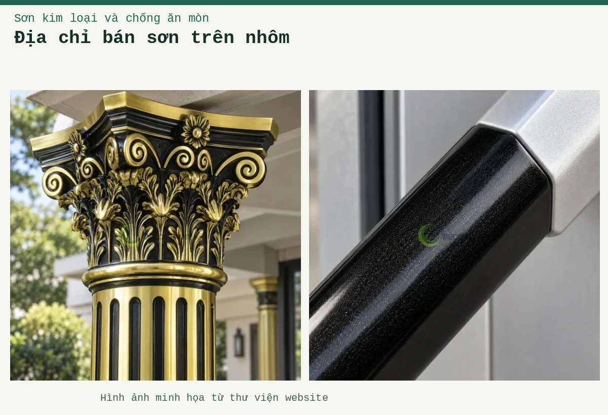 Địa chỉ bán sơn trên nhôm – Ảnh minh họa: Chi tiết lớp nhũ trên tay nắm nhôm; Chi tiết đầu trụ nhôm đúc.