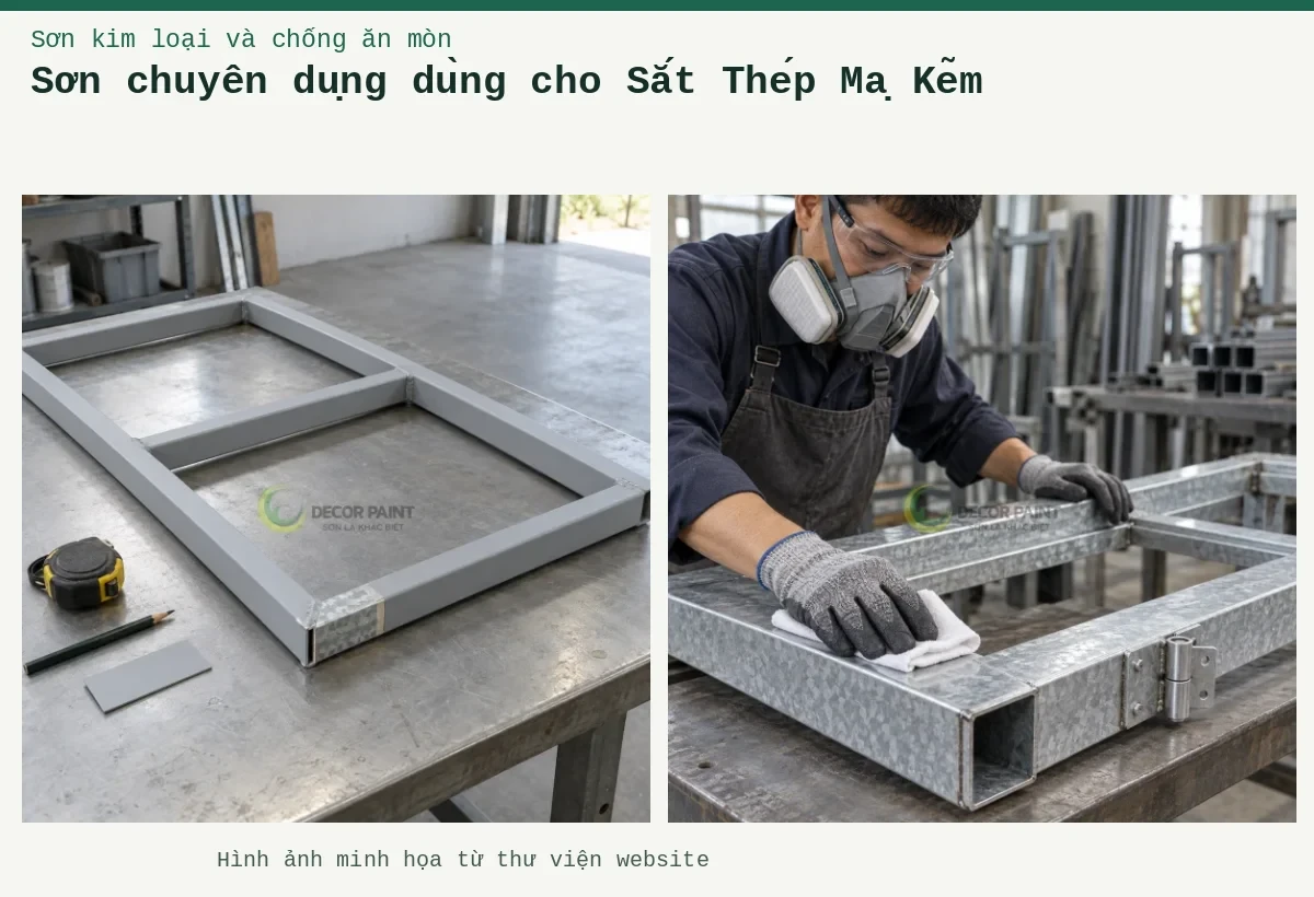 Sơn chuyên dụng dùng cho Sắt Thép Mạ Kẽm – Ảnh minh họa: Minh họa khung thép mạ kẽm phủ sơn chống rỉ và phần mẫu bề mặt kẽm; Lau sạch bề mặt khung thép mạ kẽm trước khi sơn, chú ý các cạnh thép và vị trí liên kết.
