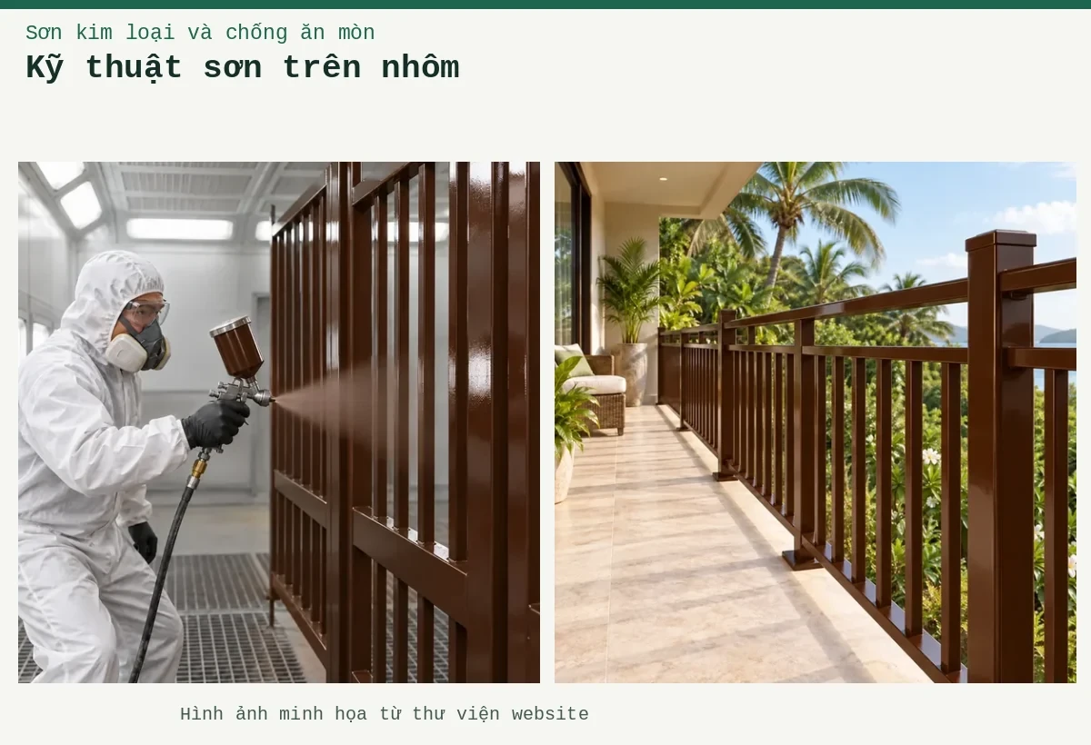 Kỹ thuật sơn trên nhôm – Ảnh minh họa: Sơn nhôm xingfa nâu bóng – lan can hoặc hàng rào; Sơn nhôm xingfa nâu bóng – thi công bằng súng phun trong buồng phun.