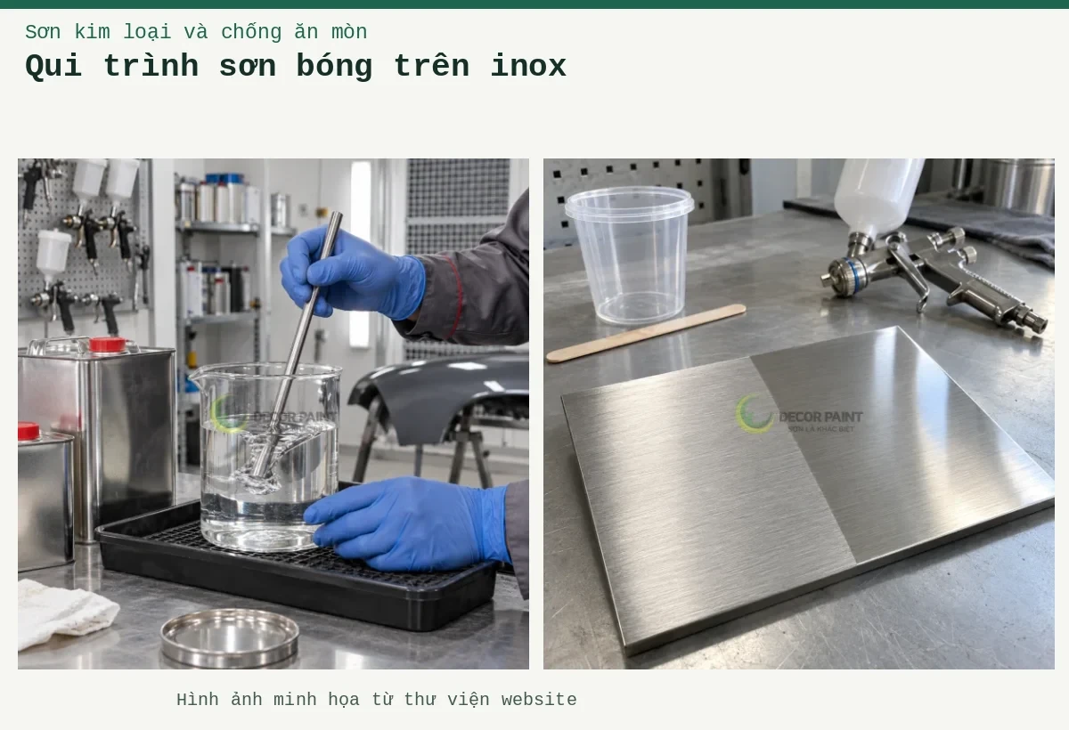 Qui trình sơn bóng trên inox – Ảnh minh họa: Minh họa mẫu inox xước trước và sau khi phủ trong, cùng dụng cụ chuẩn bị sơn; Khuấy dung môi.