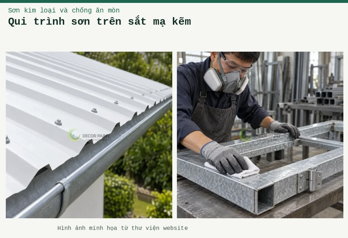 Qui trình sơn trên sắt mạ kẽm – Ảnh minh họa: Lau sạch bề mặt khung thép mạ kẽm trước khi sơn, chú ý các cạnh thép và vị trí liên kết; Chi tiết mép tôn trắng, vít mái và máng xối.