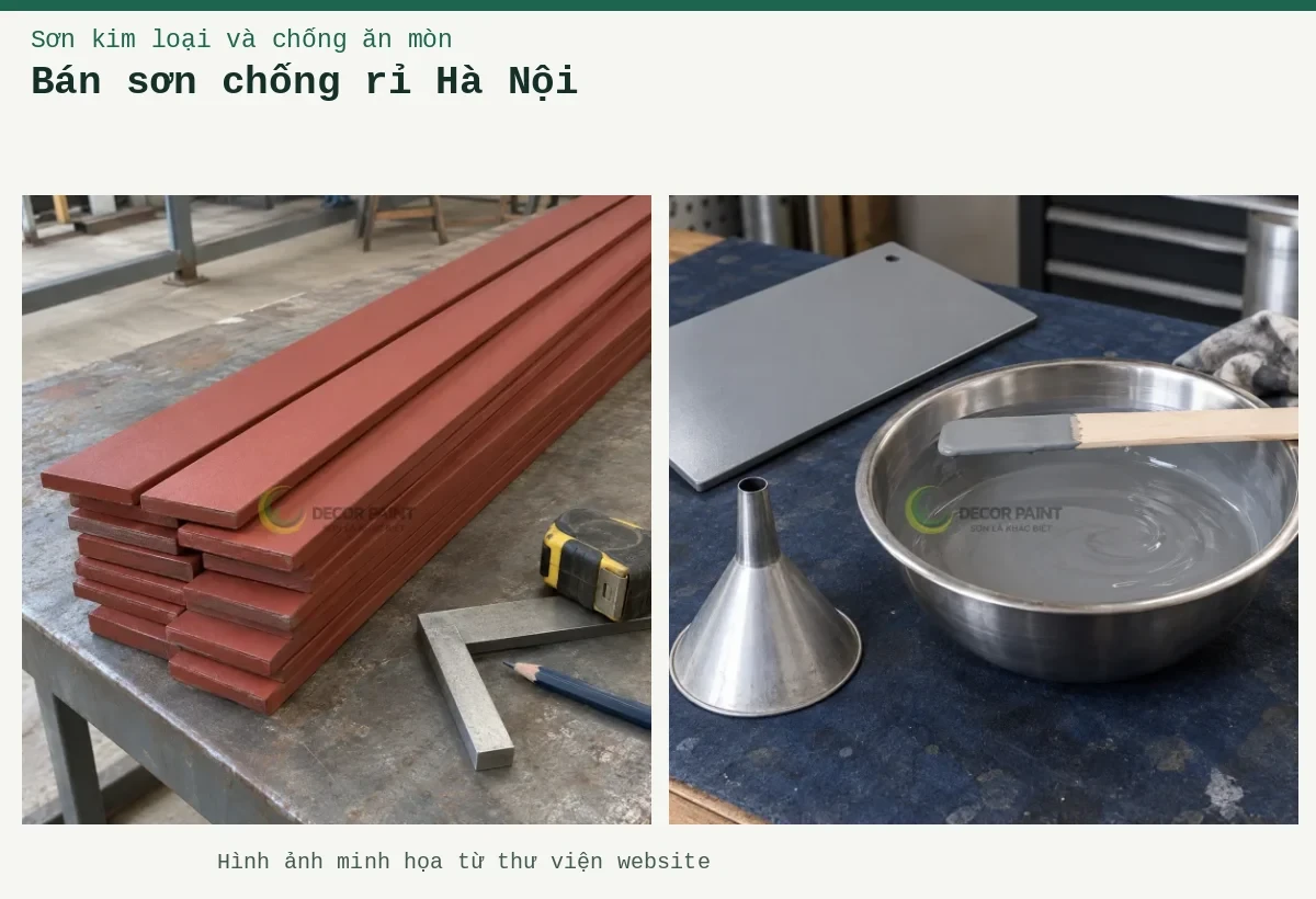Bán sơn chống rỉ Hà Nội – Ảnh minh họa: Minh họa thép bản phủ sơn chống rỉ màu nâu đỏ cùng dụng cụ đo bề mặt; Sơn lót màu xám trong bát pha, que khuấy, phễu và tấm thép phủ thử.