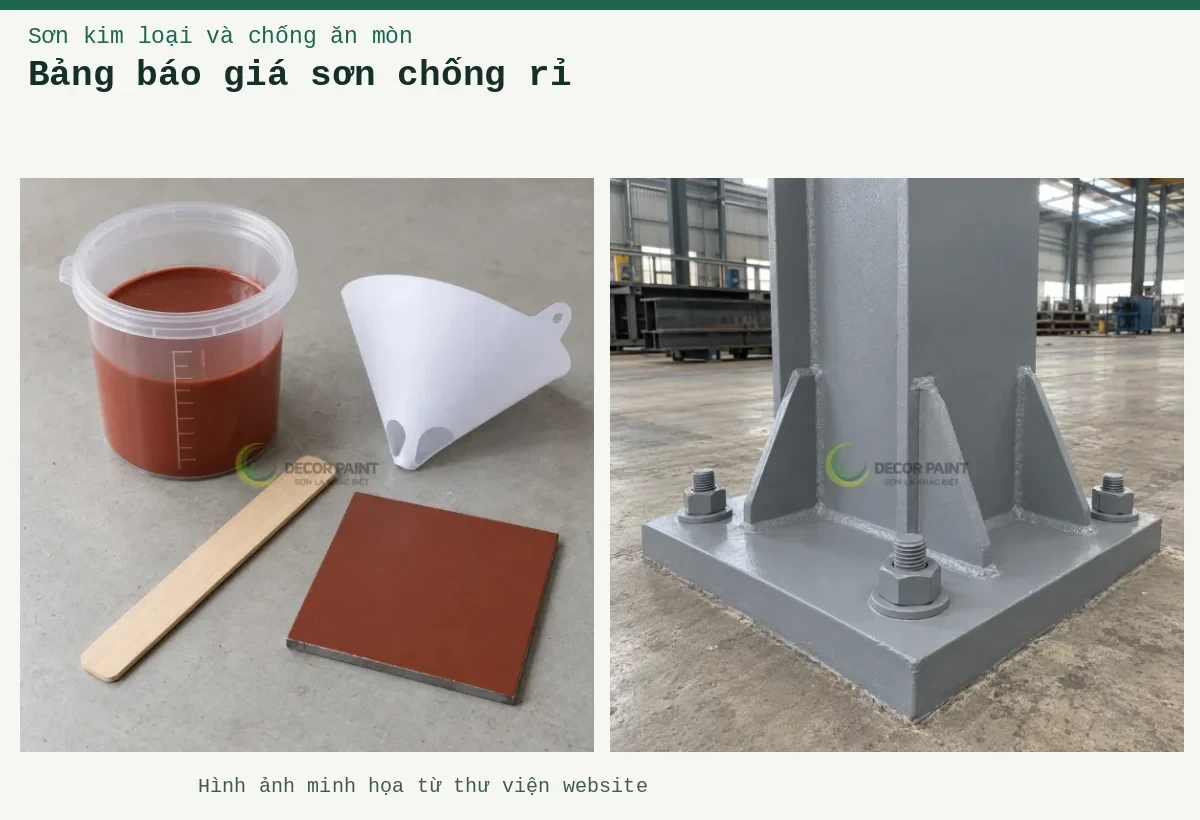 Bảng báo giá sơn chống rỉ – Ảnh minh họa: Chân cột thép và bản mã liên kết được phủ sơn chống rỉ màu xám; Cốc sơn lót đỏ nâu, phễu lọc, que khuấy và tấm thép phủ thử.