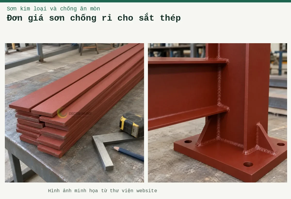 Đơn giá sơn chống rỉ cho sắt thép – Ảnh minh họa: Minh họa thép bản phủ sơn chống rỉ màu nâu đỏ cùng dụng cụ đo bề mặt; Sơn lót kim loại đỏ oxit – cận cảnh lớp lót trên mối nối thép.
