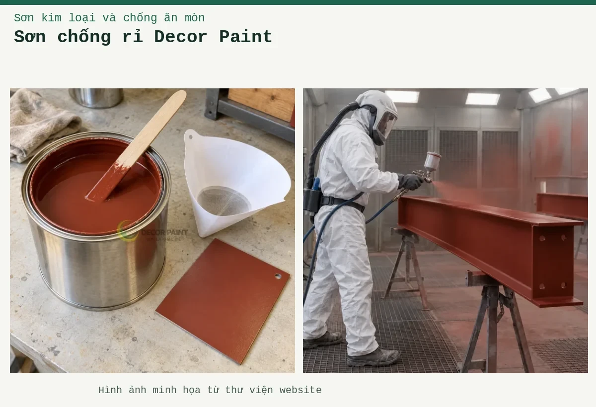 Sơn chống rỉ Decor Paint – Ảnh minh họa: Sơn lót kim loại đỏ oxit – thi công phun lớp lót trên thép; Sơn lót nâu đỏ trong lon, que khuấy, phễu lọc và tấm thép mẫu đã sơn.