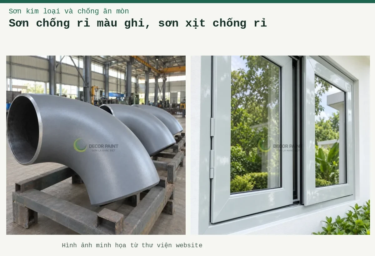 Sơn chống rỉ màu ghi, sơn xịt chống rỉ – Ảnh minh họa: Các co ống thép phủ sơn chống rỉ màu xám đặt trên giá tại xưởng; Cửa nhôm xám GBT-001.