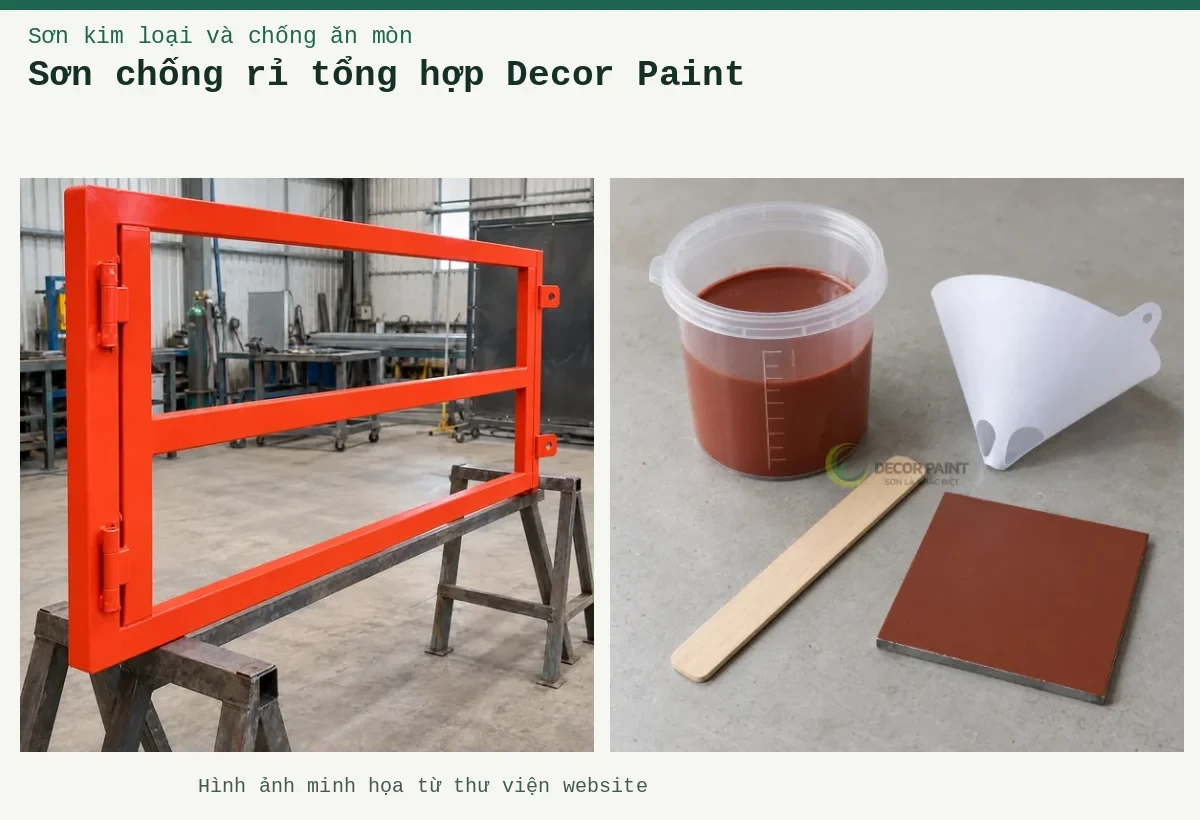 Sơn chống rỉ tổng hợp Decor Paint – Ảnh minh họa: Sơn lót kim loại đỏ oxit – khung cổng được phủ lớp lót tại xưởng; Cốc sơn lót đỏ nâu, phễu lọc, que khuấy và tấm thép phủ thử.