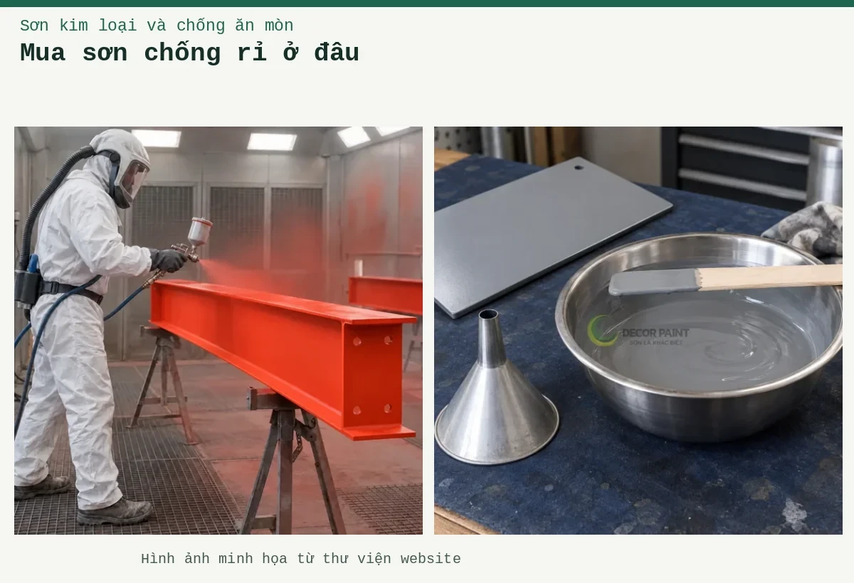 Mua sơn chống rỉ ở đâu – Ảnh minh họa: Sơn lót kim loại đỏ oxit – thi công phun lớp lót trên thép; Sơn lót màu xám trong bát pha, que khuấy, phễu và tấm thép phủ thử.