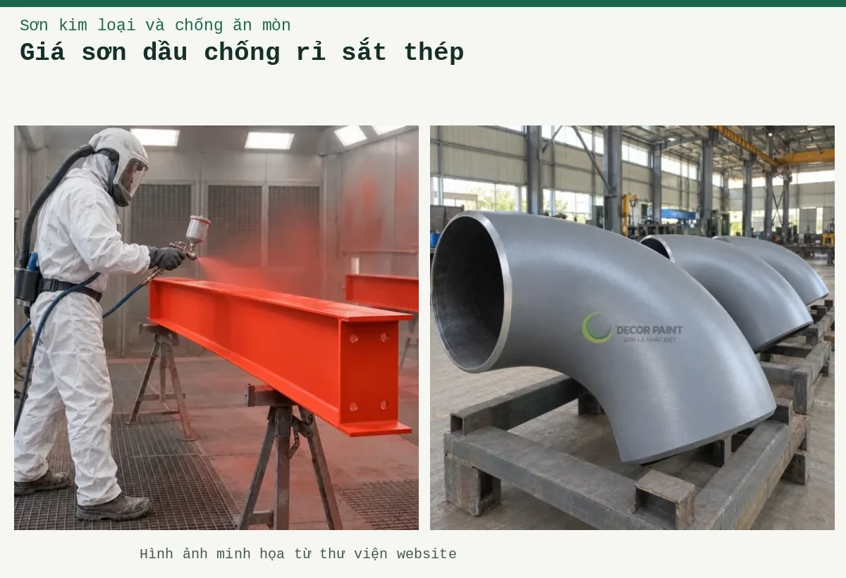 Giá sơn dầu chống rỉ sắt thép – Ảnh minh họa: Các co ống thép phủ sơn chống rỉ màu xám đặt trên giá tại xưởng; Sơn lót kim loại đỏ oxit – thi công phun lớp lót trên thép.