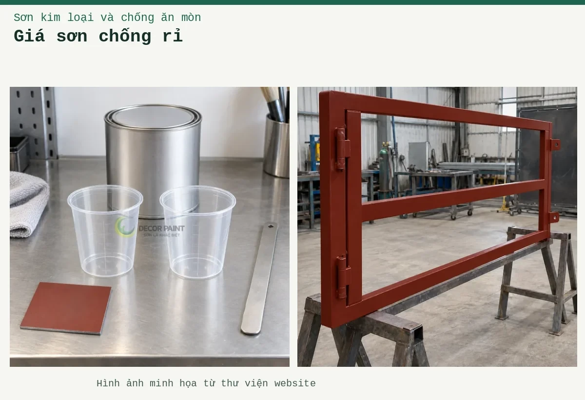 Giá sơn chống rỉ – Ảnh minh họa: Sơn lót kim loại đỏ oxit – khung cổng được phủ lớp lót tại xưởng; Hai cốc pha rỗng, lon kín và tấm thép mẫu phủ lót đỏ nâu.