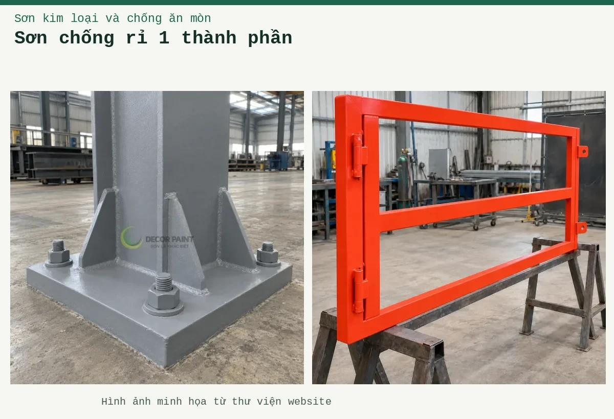 Sơn chống rỉ 1 thành phần – Ảnh minh họa: Chân cột thép và bản mã liên kết được phủ sơn chống rỉ màu xám; Sơn lót kim loại đỏ oxit – khung cổng được phủ lớp lót tại xưởng.
