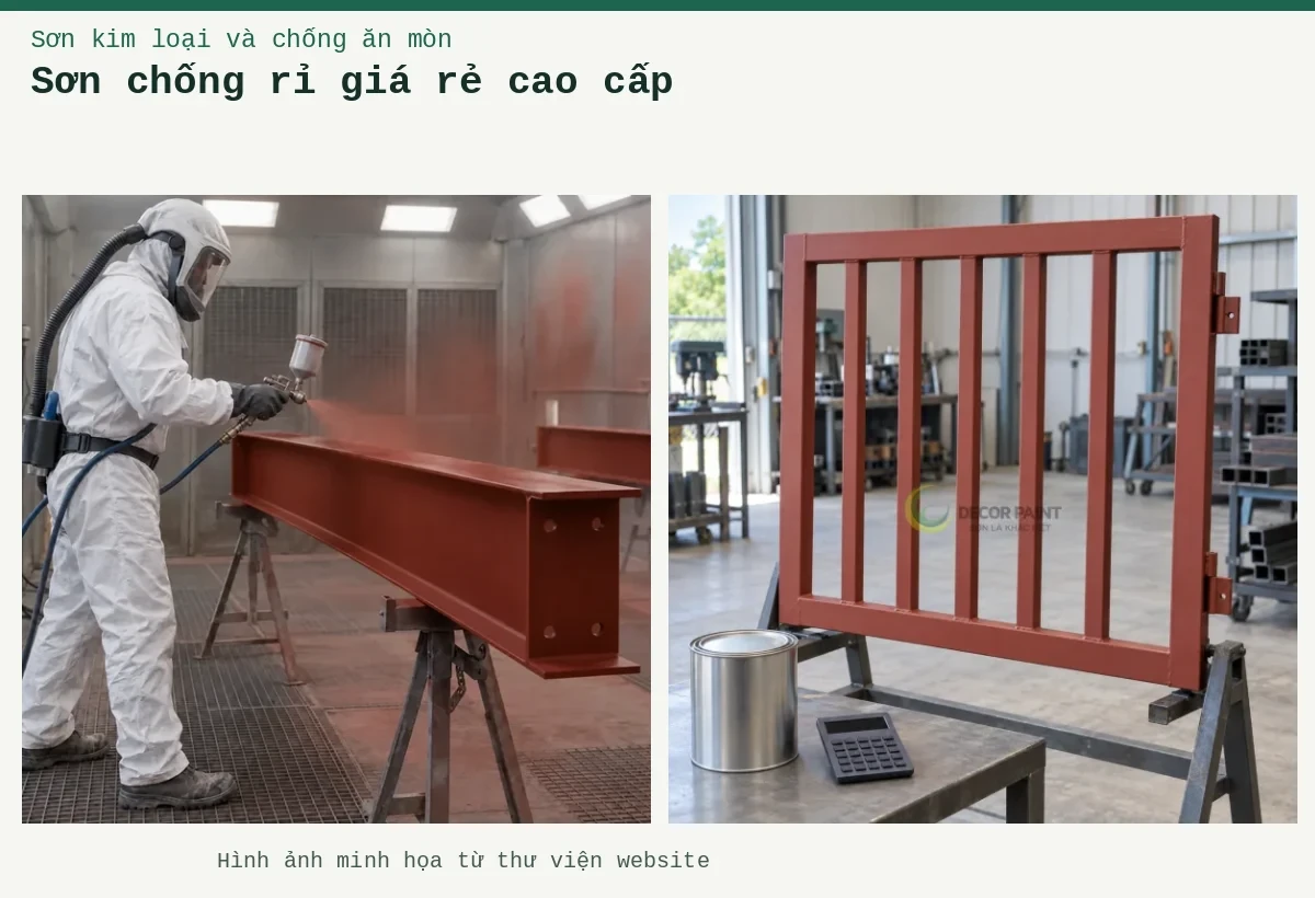Sơn chống rỉ giá rẻ cao cấp – Ảnh minh họa: Sơn lót kim loại đỏ oxit – thi công phun lớp lót trên thép; Khung cổng thép phủ sơn lót nâu đỏ trên giá, bên cạnh lon kín và máy tính.