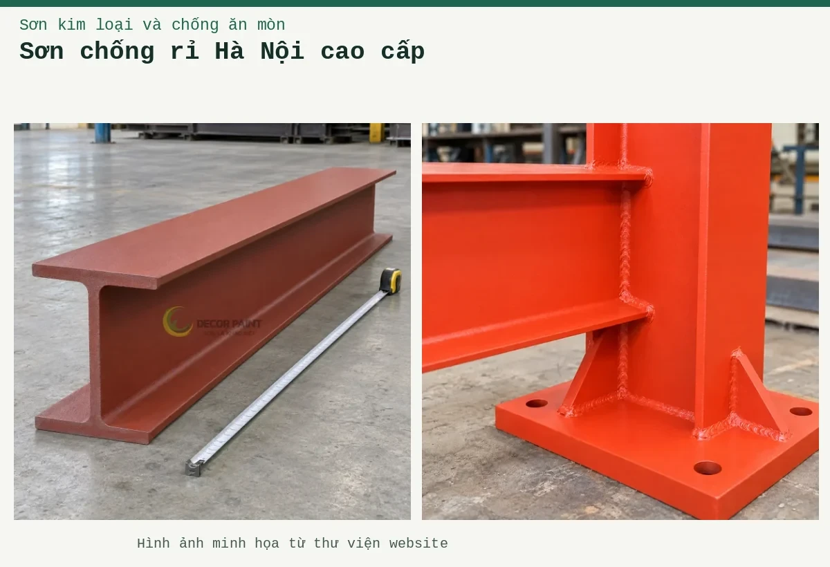 Sơn chống rỉ Hà Nội cao cấp – Ảnh minh họa: Sơn lót kim loại đỏ oxit – cận cảnh lớp lót trên mối nối thép; Dầm thép chữ I phủ sơn lót nâu đỏ cùng thước dây trên nền xưởng.