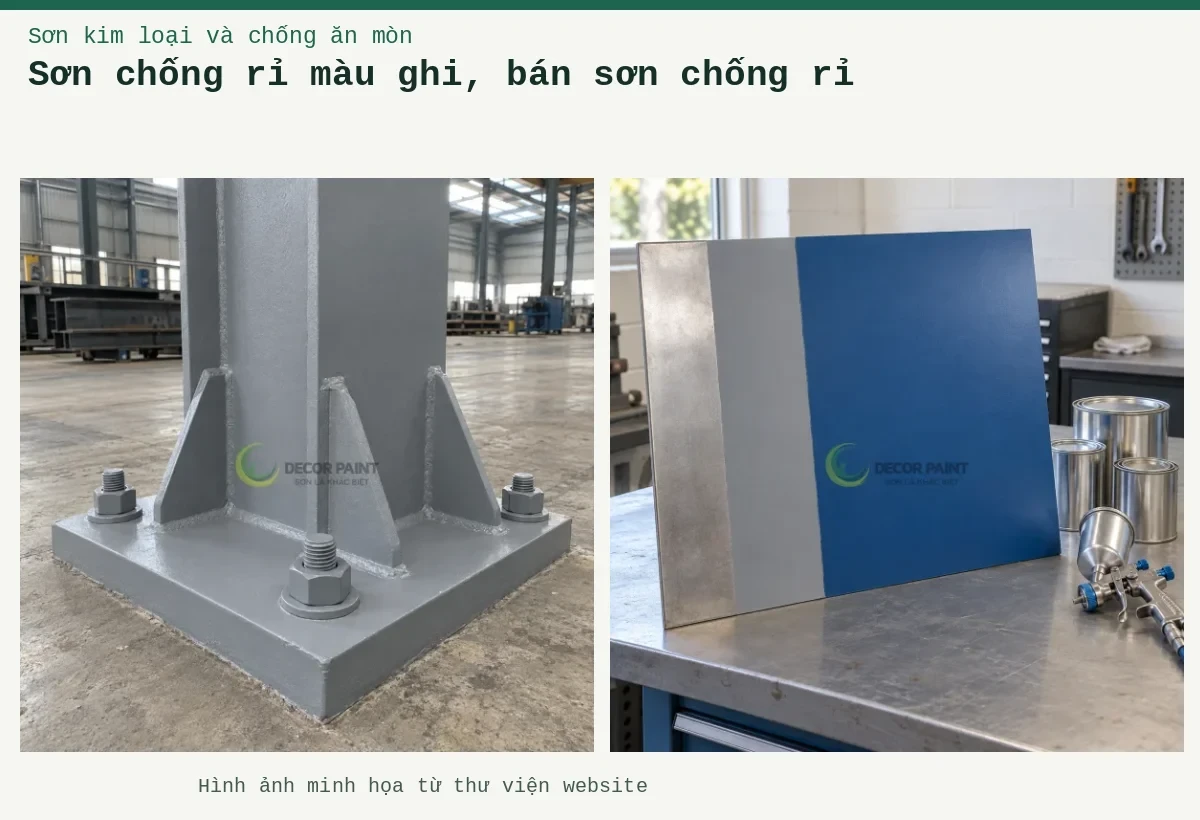 Sơn chống rỉ màu ghi, bán sơn chống rỉ – Ảnh minh họa: Chân cột thép và bản mã liên kết được phủ sơn chống rỉ màu xám; Tấm thép mẫu với vùng kim loại trần, lớp phủ xám và lớp hoàn thiện xanh.