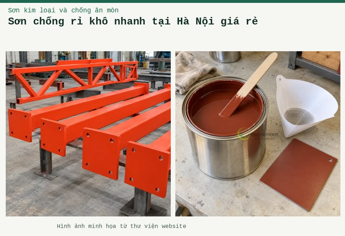 Sơn chống rỉ khô nhanh tại Hà Nội giá rẻ – Ảnh minh họa: Sơn lót kim loại đỏ oxit – cấu kiện thép đã phủ lớp lót; Sơn lót nâu đỏ trong lon, que khuấy, phễu lọc và tấm thép mẫu đã sơn.