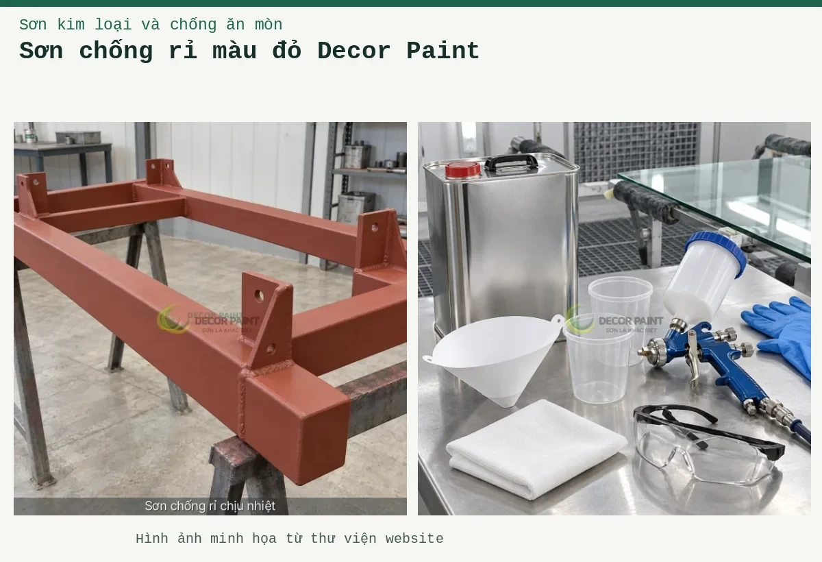 Sơn chống rỉ màu đỏ Decor Paint – Ảnh minh họa: Khung thép phủ lót chống rỉ đỏ nâu; Dụng cụ pha sơn.