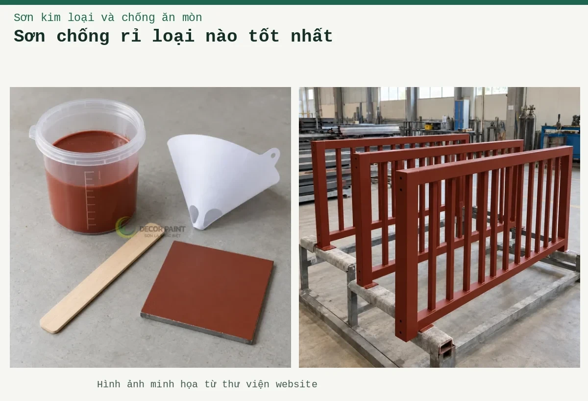 Sơn chống rỉ loại nào tốt nhất – Ảnh minh họa: Sơn lót kim loại đỏ oxit – cấu kiện lan can được sơn lót; Cốc sơn lót đỏ nâu, phễu lọc, que khuấy và tấm thép phủ thử.