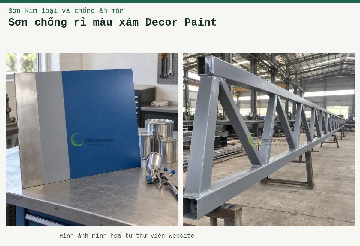 Sơn chống rỉ màu xám Decor Paint – Ảnh minh họa: Giàn thép phủ sơn chống rỉ màu xám trong xưởng gia công có mái che; Tấm thép mẫu với vùng kim loại trần, lớp phủ xám và lớp hoàn thiện xanh.