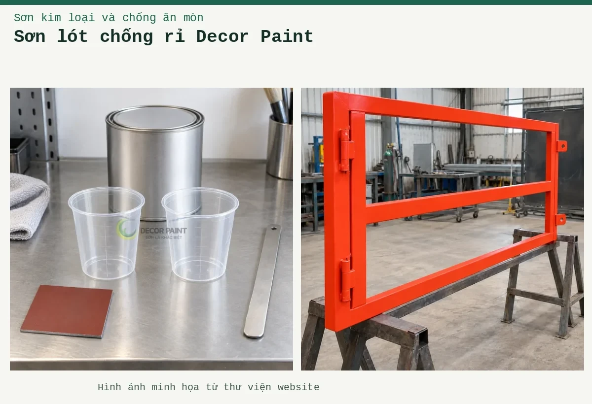 Sơn lót chống rỉ Decor Paint – Ảnh minh họa: Sơn lót kim loại đỏ oxit – khung cổng được phủ lớp lót tại xưởng; Hai cốc pha rỗng, lon kín và tấm thép mẫu phủ lót đỏ nâu.