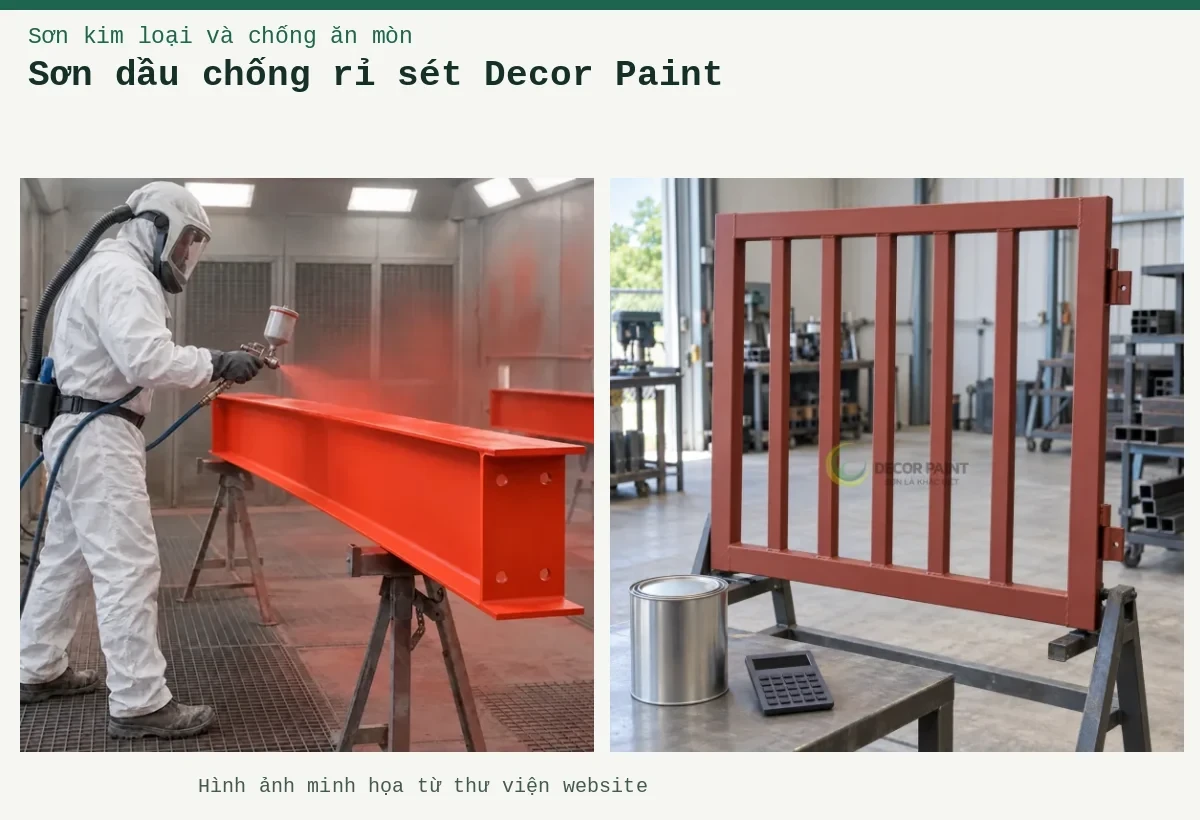 Sơn dầu chống rỉ sét Decor Paint – Ảnh minh họa: Sơn lót kim loại đỏ oxit – thi công phun lớp lót trên thép; Khung cổng thép phủ sơn lót nâu đỏ trên giá, bên cạnh lon kín và máy tính.