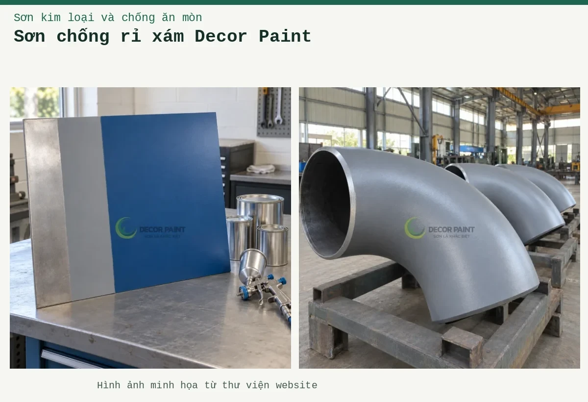 Sơn chống rỉ xám Decor Paint – Ảnh minh họa: Các co ống thép phủ sơn chống rỉ màu xám đặt trên giá tại xưởng; Tấm thép mẫu với vùng kim loại trần, lớp phủ xám và lớp hoàn thiện xanh.