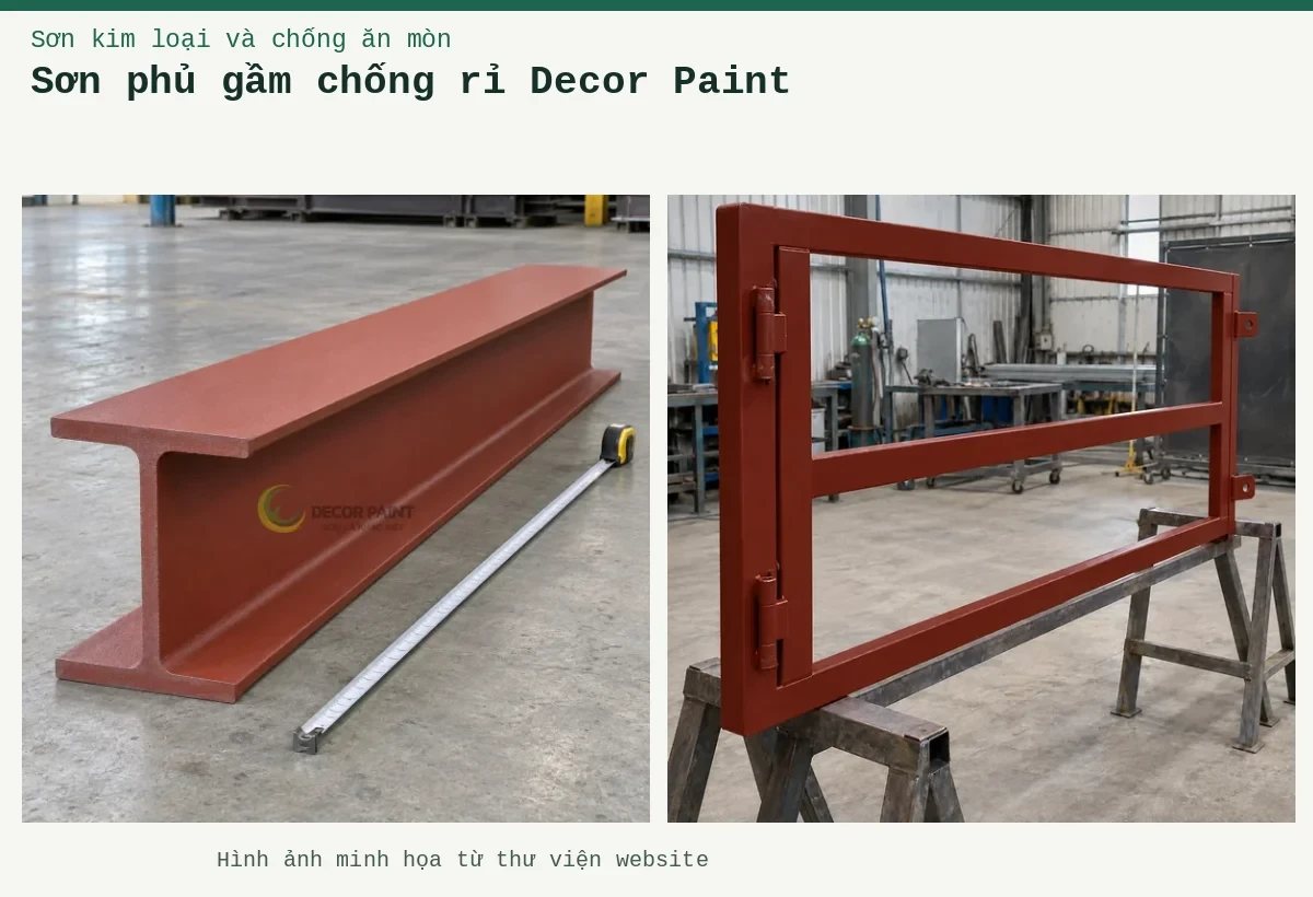 Sơn phủ gầm chống rỉ Decor Paint – Ảnh minh họa: Sơn lót kim loại đỏ oxit – khung cổng được phủ lớp lót tại xưởng; Dầm thép chữ I phủ sơn lót nâu đỏ cùng thước dây trên nền xưởng.