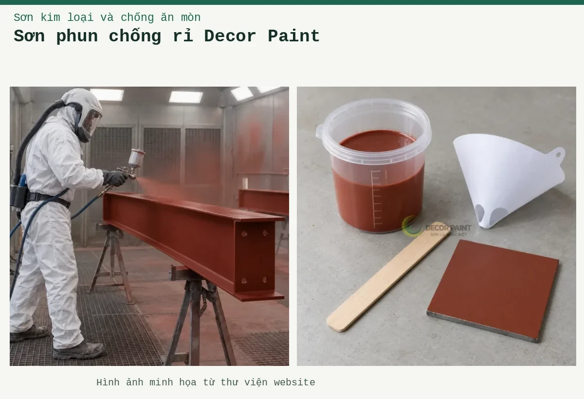 Sơn phun chống rỉ Decor Paint – Ảnh minh họa: Sơn lót kim loại đỏ oxit – thi công phun lớp lót trên thép; Cốc sơn lót đỏ nâu, phễu lọc, que khuấy và tấm thép phủ thử.