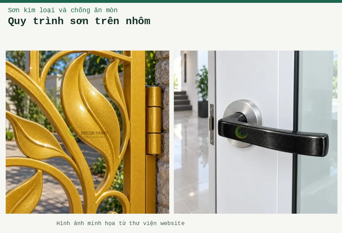 Quy trình sơn trên nhôm – Ảnh minh họa: Cổng nhôm đúc phủ Gold Diamond; Tay gạt trên cửa nhôm trắng.