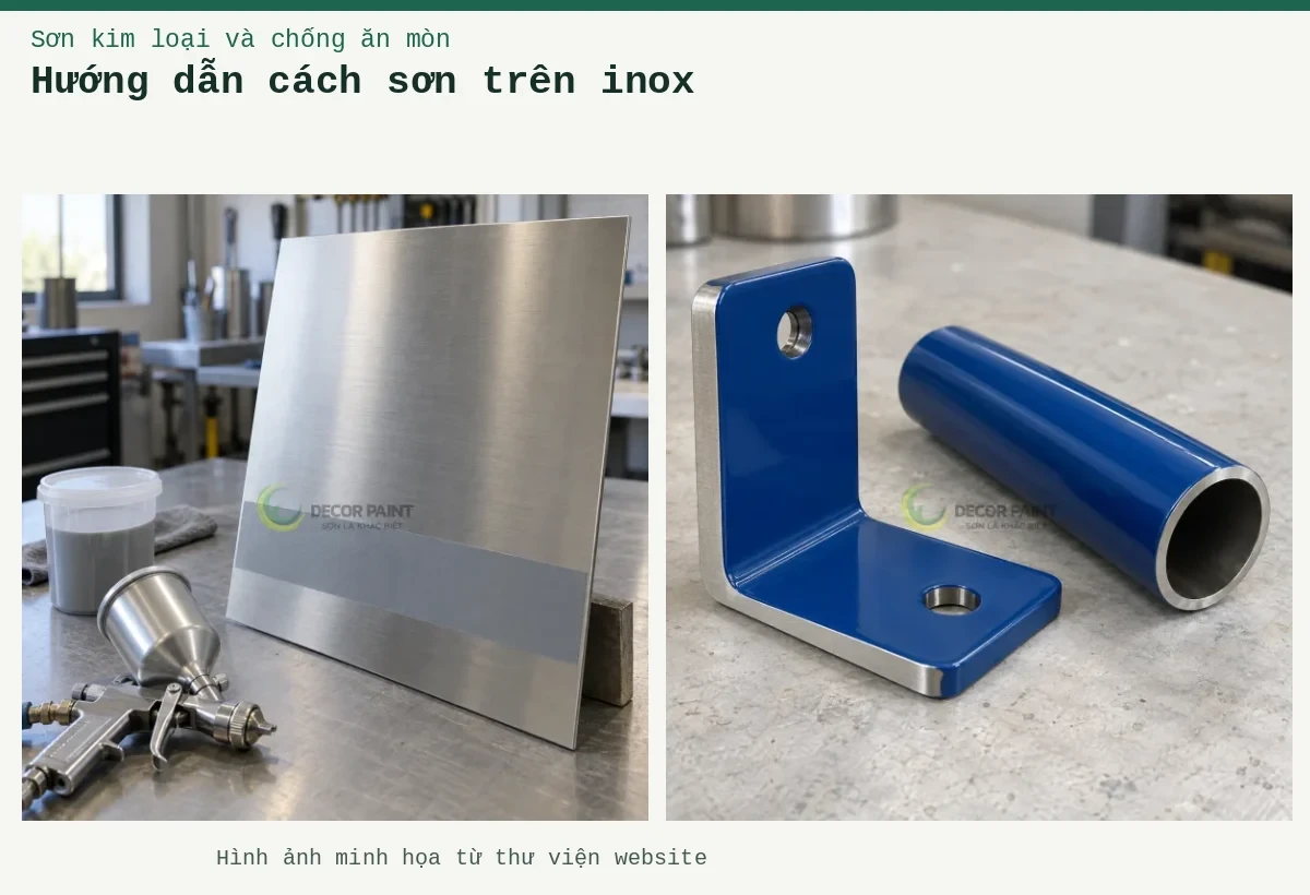 Hướng dẫn cách sơn trên inox – Ảnh minh họa: Tấm inox xước với dải phủ thử màu xám, cốc pha và súng phun trên bàn chuẩn bị; Minh họa giá đỡ và ống inox phủ màu xanh, với mép kim loại để đối chiếu.